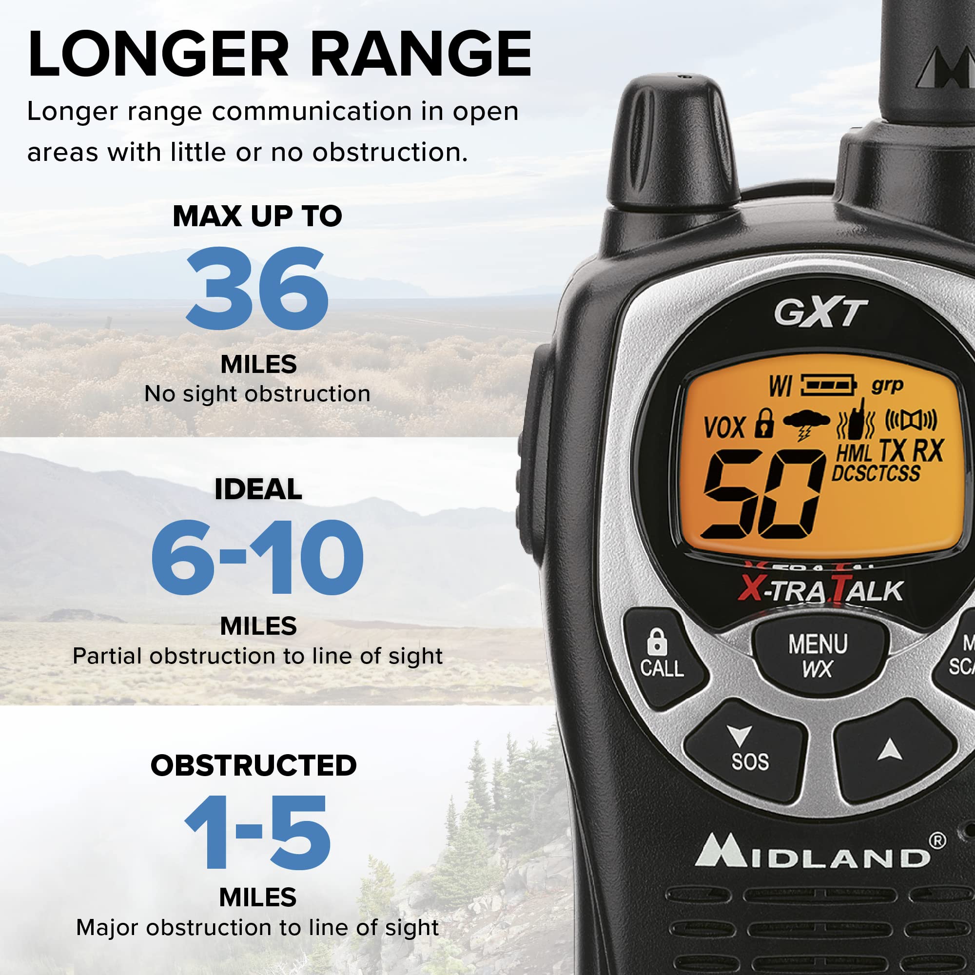 Midland�   Gxt1000Az   50 Channel Gmrs Two Way Radio   Long Range Walkie Talkie With 142 Privacy Codes, Sos Siren, And Noaa Weather Alerts And Weather Scan (Black/Silver, Single Pack)